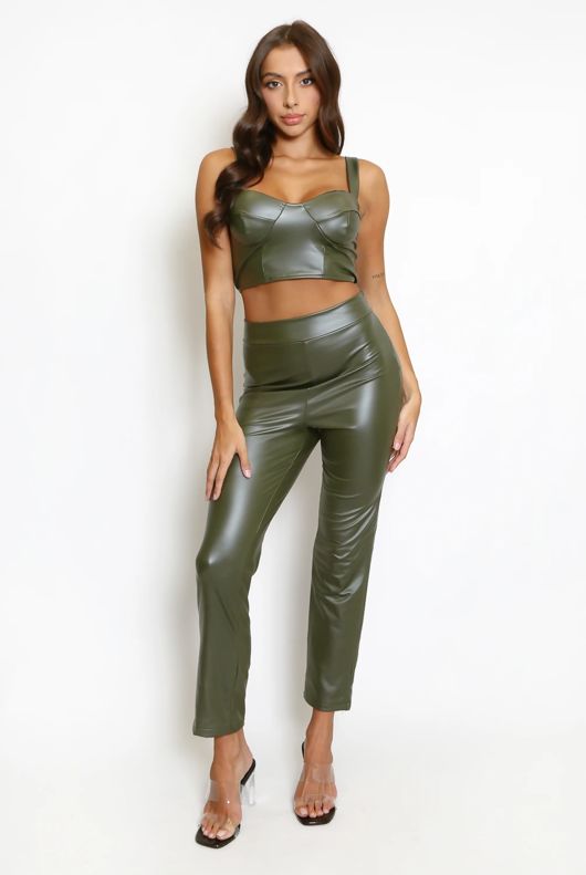 Khaki PU Crop Top And Trouser Set