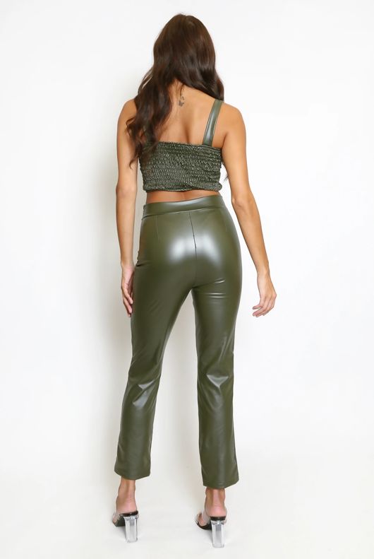 Khaki PU Crop Top And Trouser Set