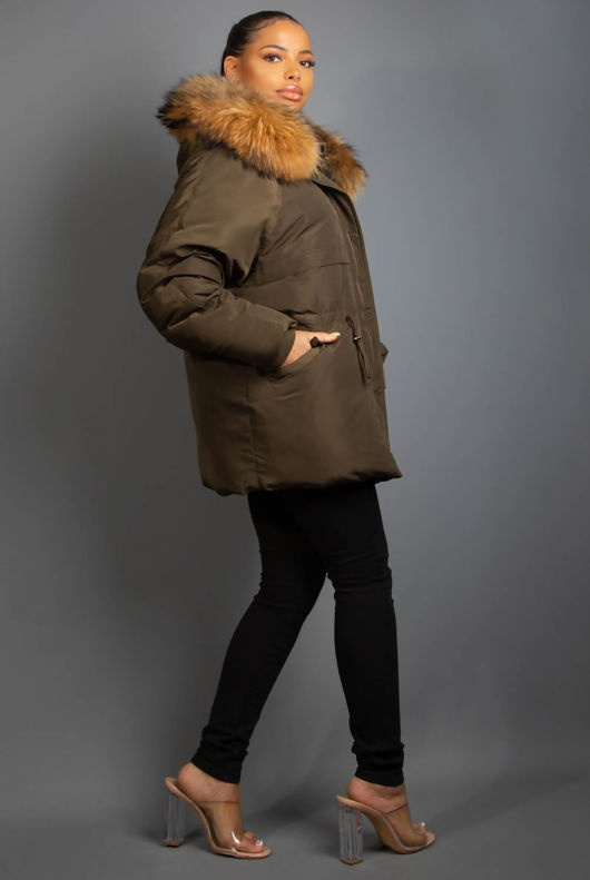 Khaki Padded Parka With Fur Trim