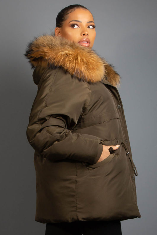 Khaki Padded Parka With Fur Trim