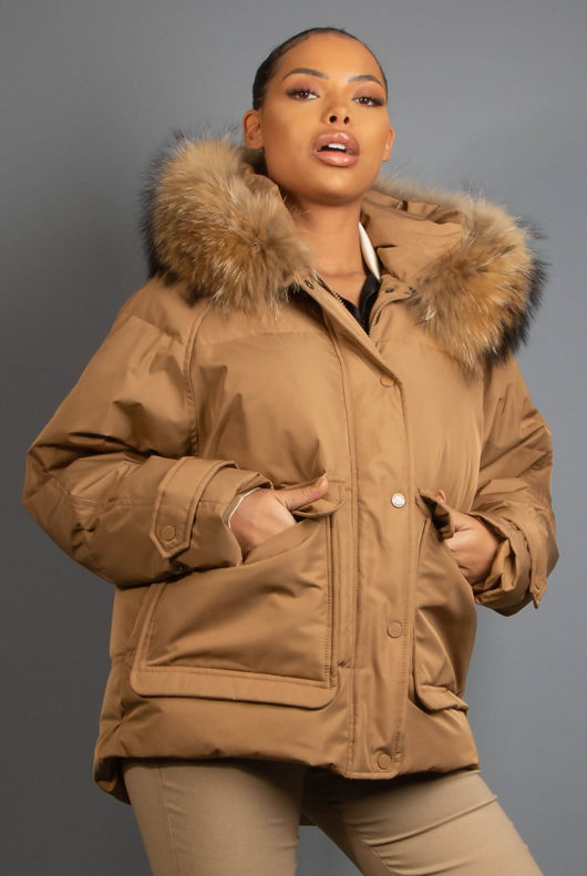Camel Padded Jacket With Fur Trim Hood