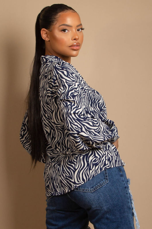 Zebra Print Tie Neck Blouse