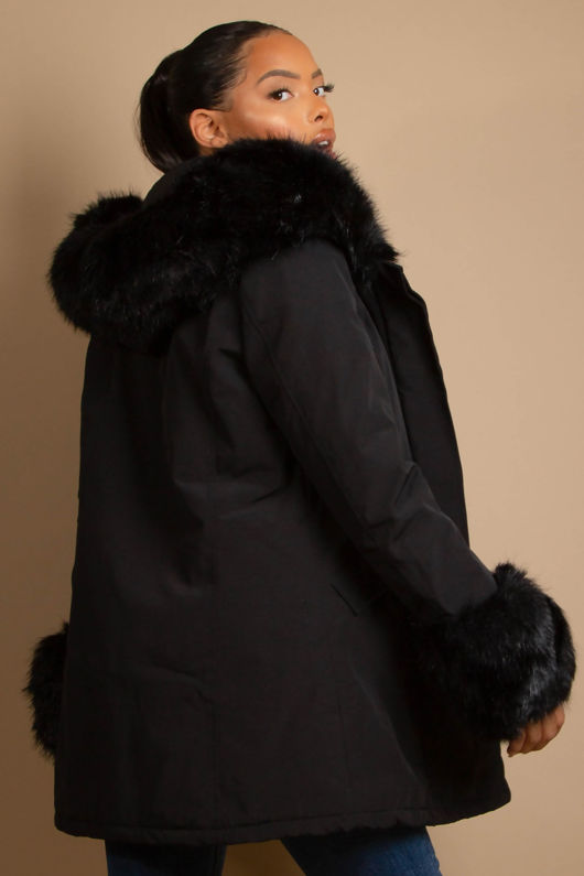 Black Parka Coat with Fur Hood & Cuffs