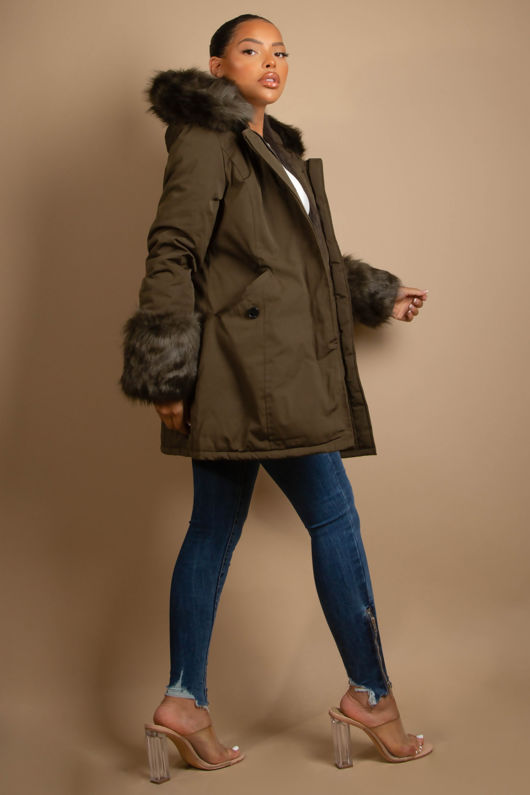 Khaki Canvas Parka with Fur Hood & Cuff 