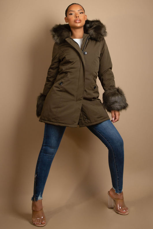 Khaki Canvas Parka with Fur Hood & Cuff 