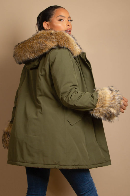 Khaki Parka Coat with Fur Hood & Cuffs