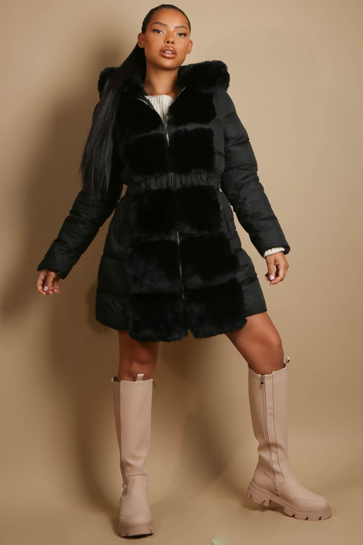 Belted Faux Fur Trim Midi Puffer Coat