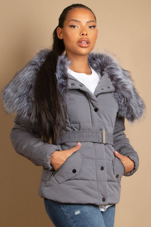 Grey Quilted Jacket with Heavy Fur Collar 