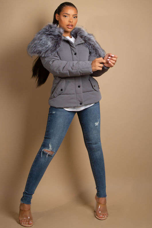 Grey Quilted Jacket with Heavy Fur Collar 