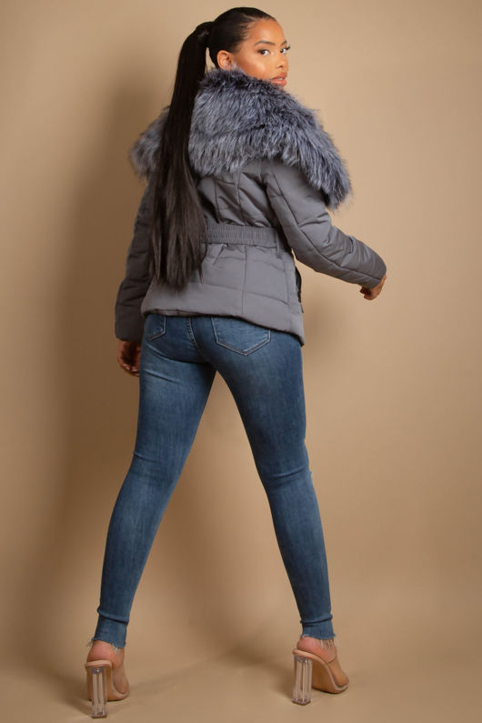 Grey Quilted Jacket with Heavy Fur Collar 