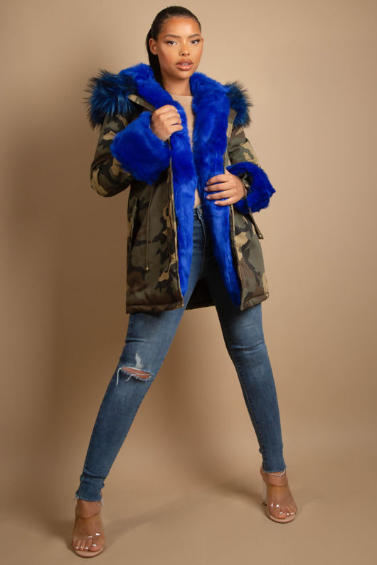 Camouflage Blue Fur Hood Parka Coat