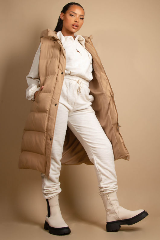 Beige Long Puffer Gilet with Hood