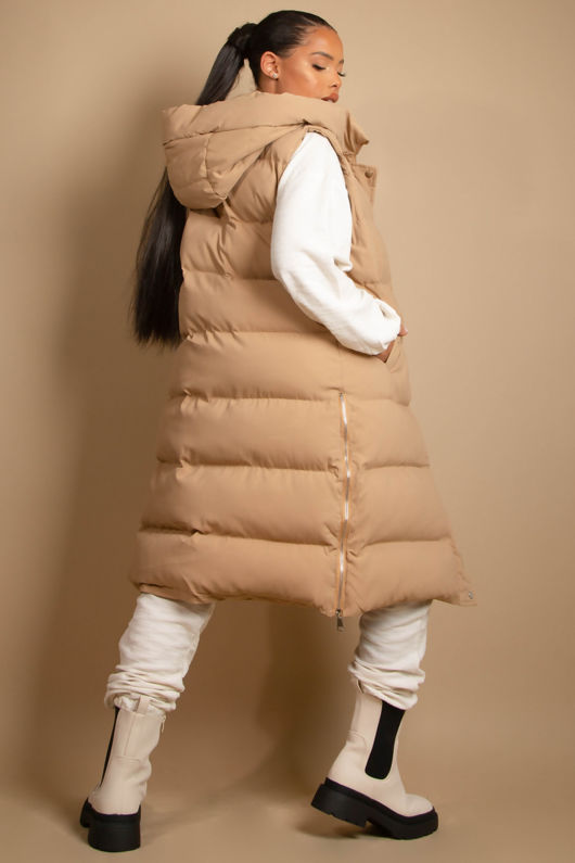 Beige Long Puffer Gilet with Hood