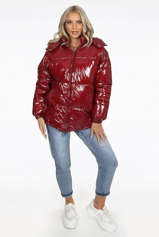 Wine Shiny Funnel Neck Quilted Jacket