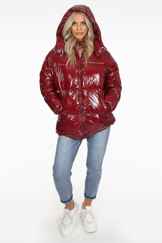 Wine Shiny Funnel Neck Quilted Jacket