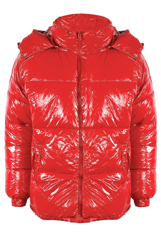 Red Shiny Funnel Neck Quilted Jacket
