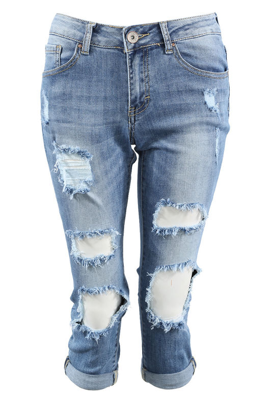 Washed Denim Ripped Pedal Pushers