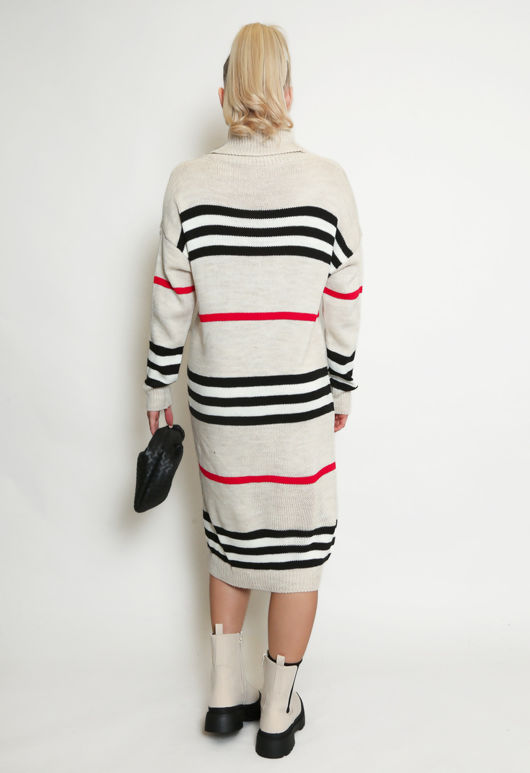 Beige Stripe Roll Neck Jumper Dress