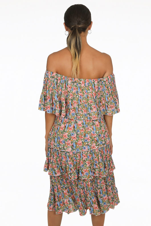 Green Floral Print Off Shoulder Tier Dress