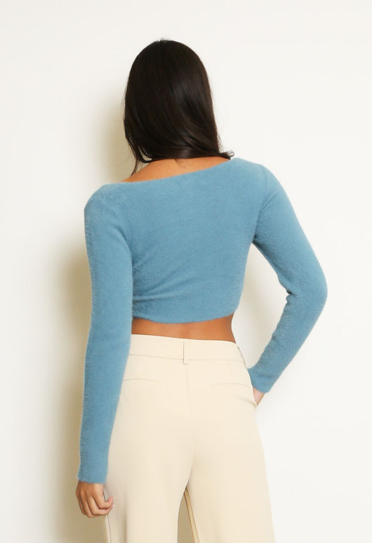 Blue Cross Over Fluffy Knit Jumper