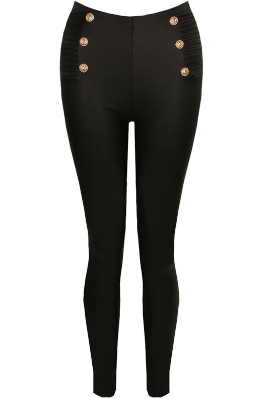 Black Button Trim Side Panel PU Leggings