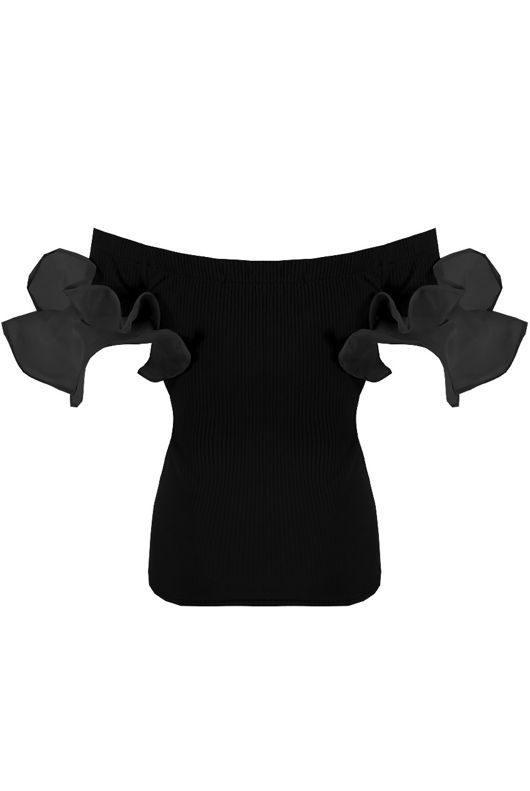 Black Bardot Top With Sheer Frill Sleeve