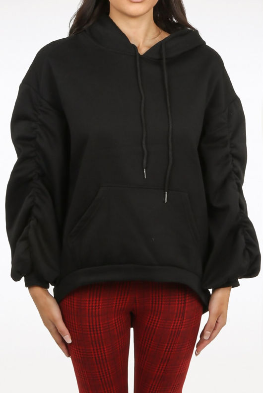 Black Ruched Sleeve Hooded Sweatshirt