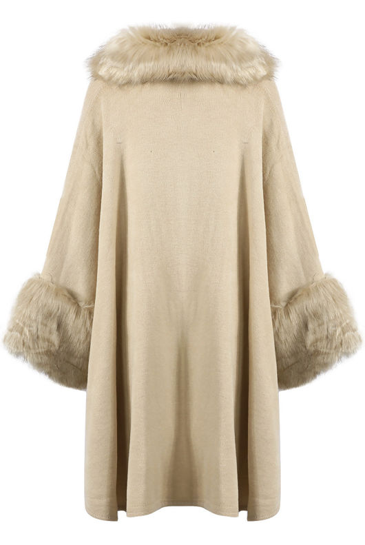 Beige Fur Trim Knitted Cape Pullover