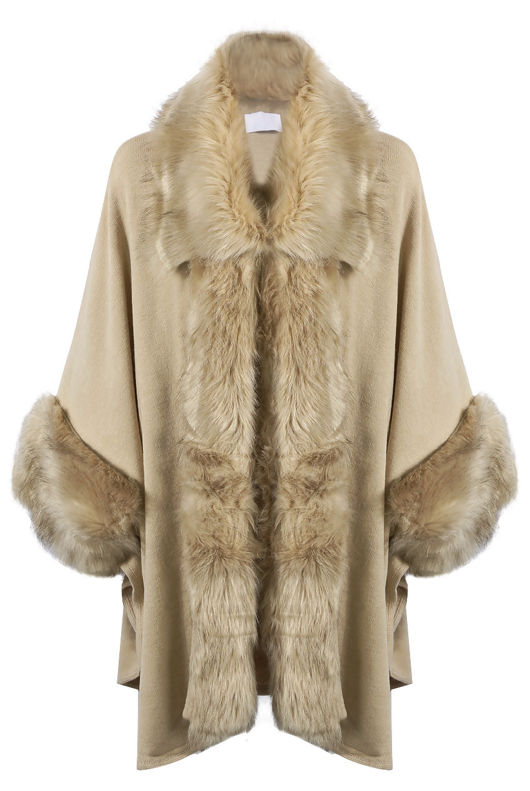 Beige Fur Trim Knitted Cape Pullover