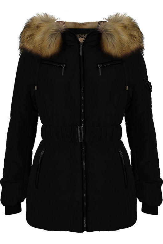 Golden Faux Fur Hood Smart Parka Black Jacket