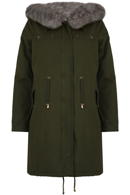 Grey Fur Hood & Fleece Lined Khaki Parka