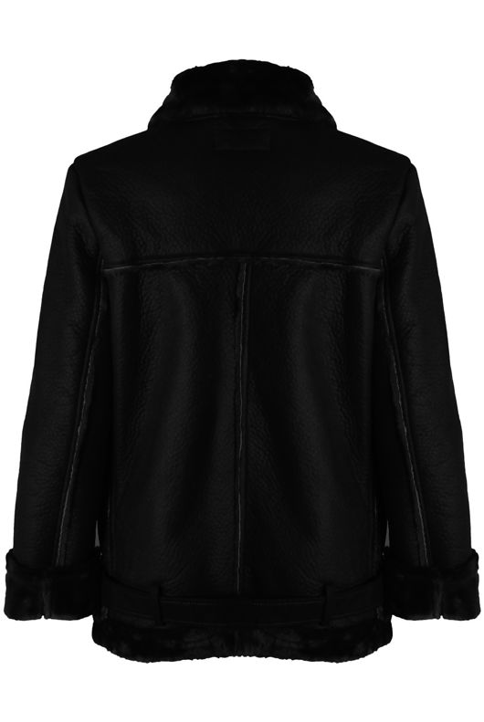 Black PU Fur Hood Lined Shearling Coat