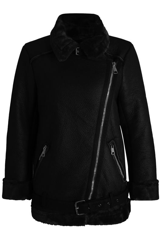 Black PU Fur Hood Lined Shearling Coat