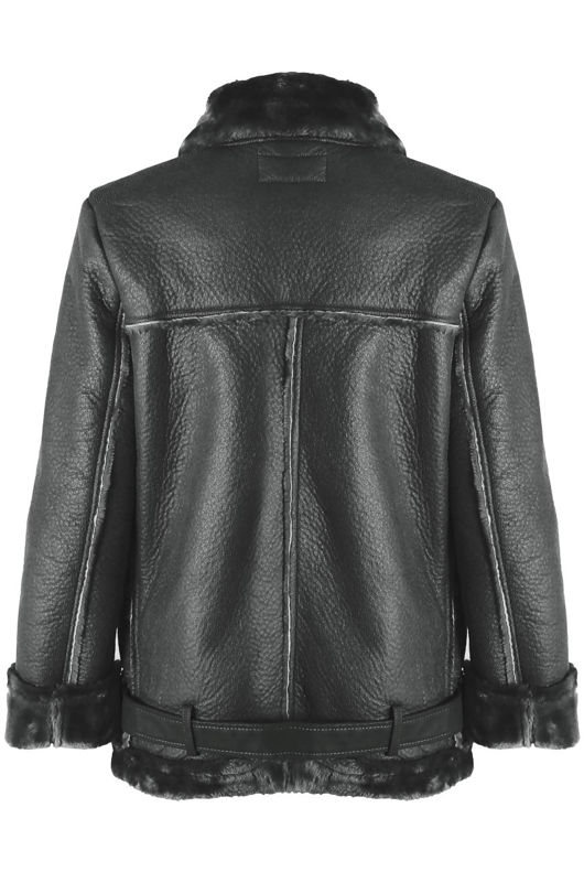 Dark Grey PU Fur Hood Lined Shearling Coat