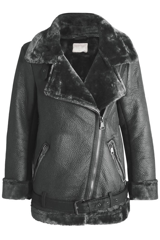 Dark Grey PU Fur Hood Lined Shearling Coat