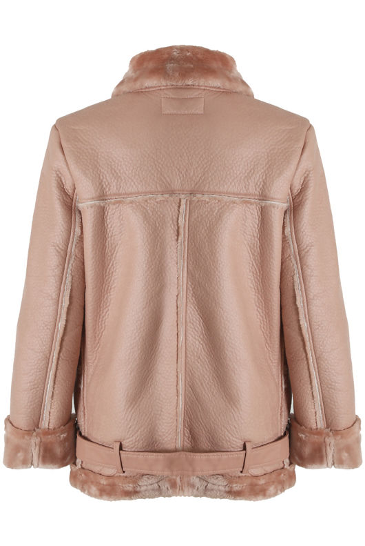 Rose PU Fur Hood Lined Shearling Coat