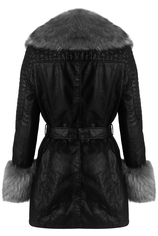 Grey Fur Trim Tie Up Black PU Coat