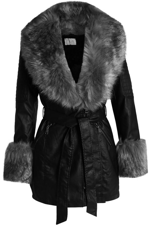 Grey Fur Trim Tie Up Black PU Coat