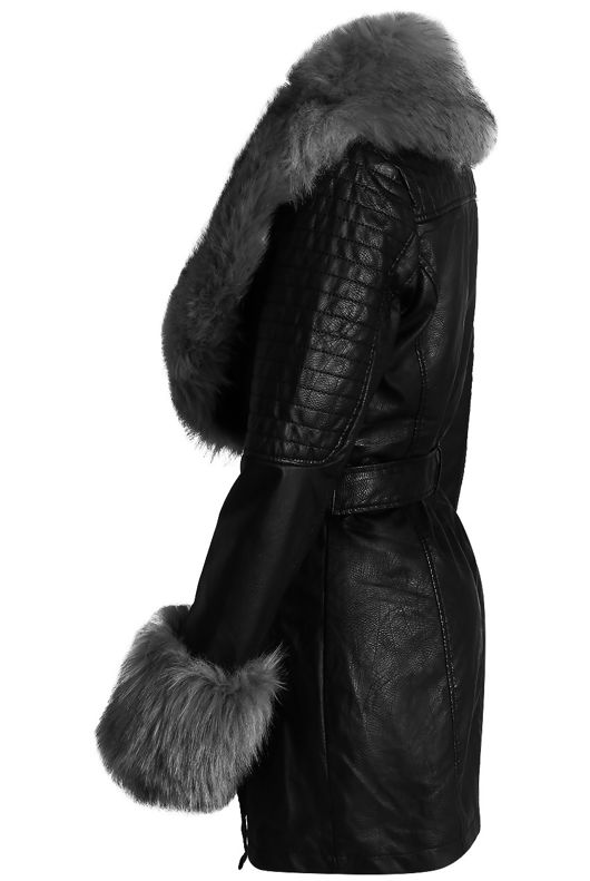 Grey Fur Trim Tie Up Black PU Coat