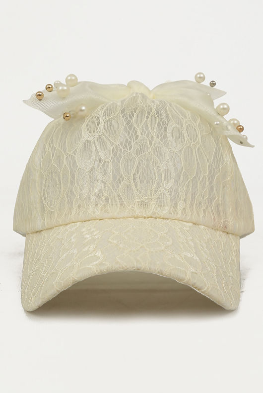 Bow Top Lace Cap With Embellished Detail in Cream
