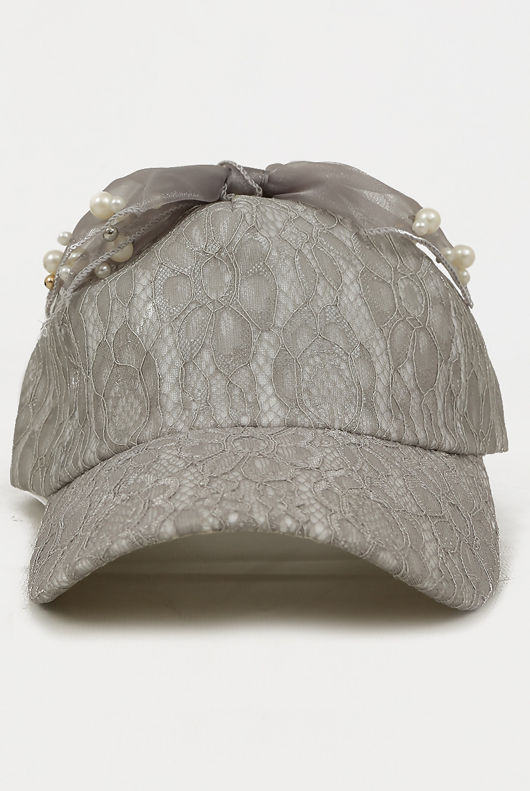 Bow Top Lace Cap With Embellished Detail in Grey