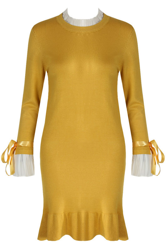 Mustard Ribbed Ruffle Hem Midi Dress