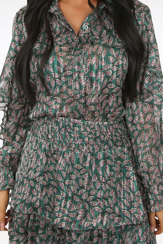 Green Contrast Floral Print Tops & Skirt Co-Ord