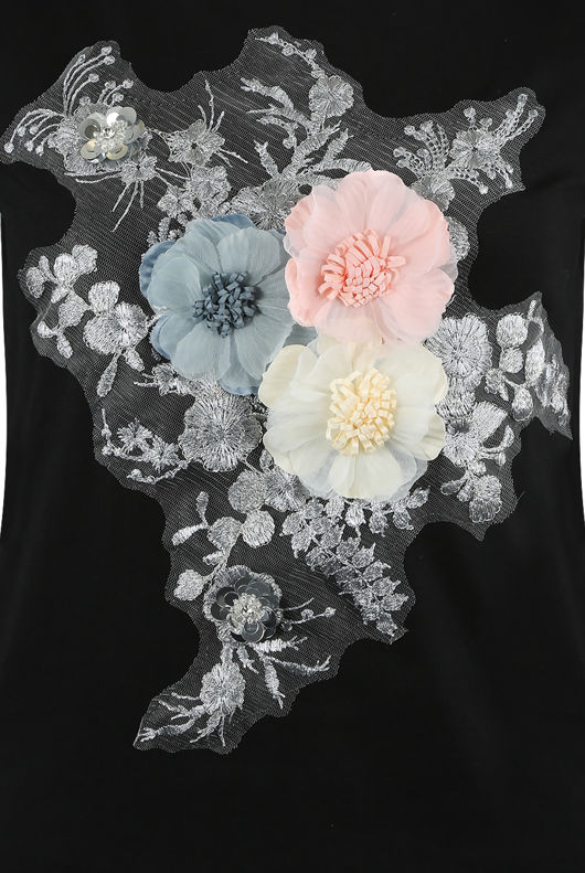 Black -Silver Floral Applique Trim Tee