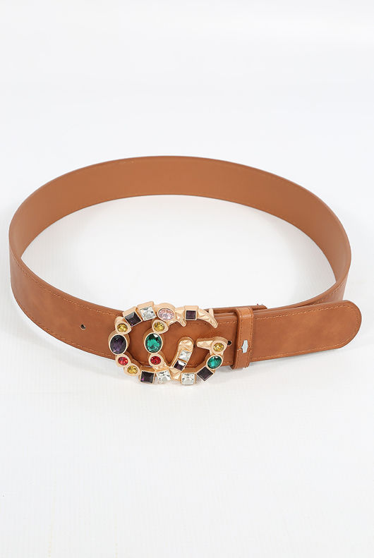 Diamante Logo Buckle PU Beige Belt