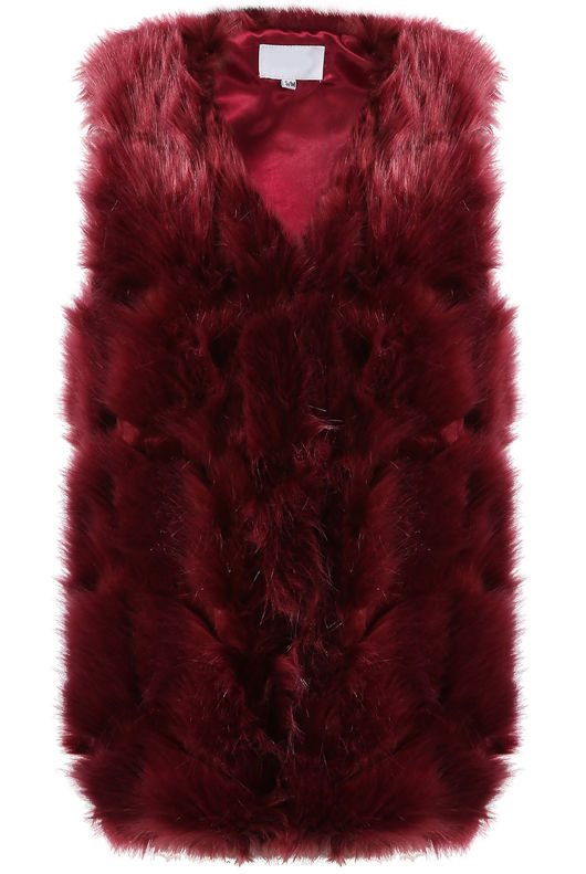 Burgundy Layered Block Pattern Shaggy Fur Gilet
