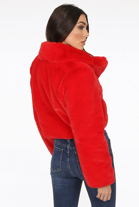 Red Teddy Faux Fur Cropped Jacket
