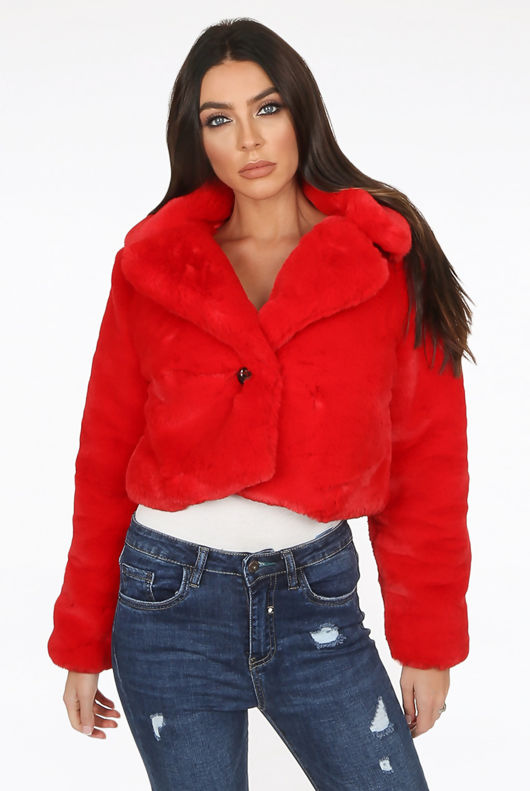 Red Teddy Faux Fur Cropped Jacket