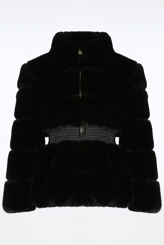 Black Faux Fur Elastic Waist Band Jacket