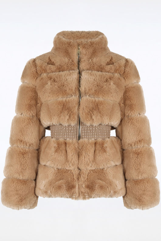 Beige Faux Fur Elastic Waist Band Jacket